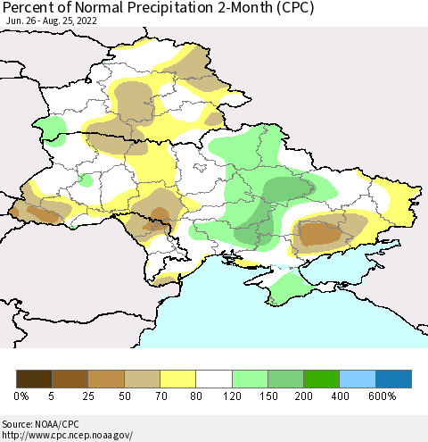 Ukraine, Moldova and Belarus Percent of Normal Precipitation 2-Month (CPC) Thematic Map For 6/26/2022 - 8/25/2022