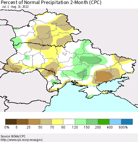 Ukraine, Moldova and Belarus Percent of Normal Precipitation 2-Month (CPC) Thematic Map For 7/1/2022 - 8/31/2022