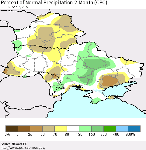 Ukraine, Moldova and Belarus Percent of Normal Precipitation 2-Month (CPC) Thematic Map For 7/6/2022 - 9/5/2022