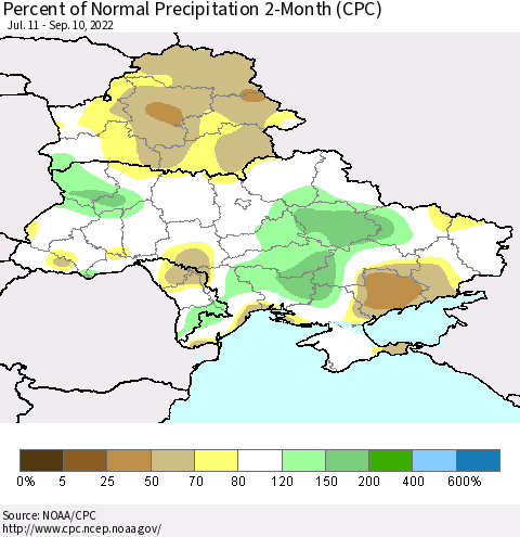 Ukraine, Moldova and Belarus Percent of Normal Precipitation 2-Month (CPC) Thematic Map For 7/11/2022 - 9/10/2022