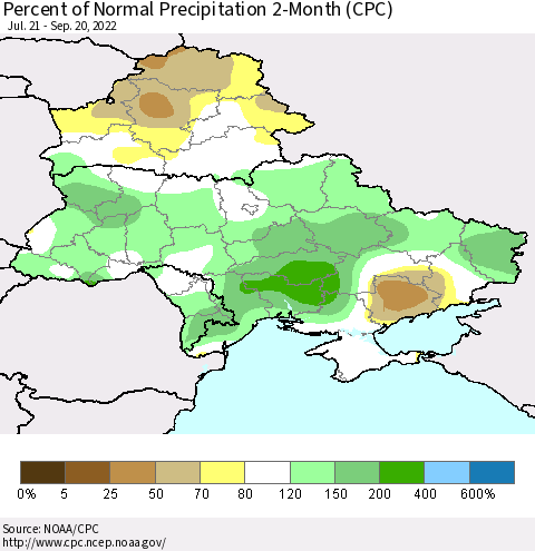 Ukraine, Moldova and Belarus Percent of Normal Precipitation 2-Month (CPC) Thematic Map For 7/21/2022 - 9/20/2022