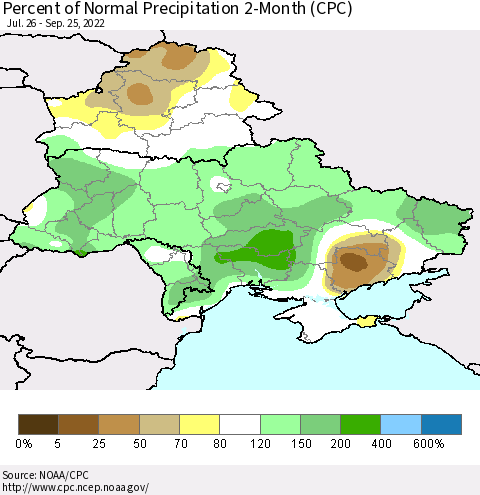 Ukraine, Moldova and Belarus Percent of Normal Precipitation 2-Month (CPC) Thematic Map For 7/26/2022 - 9/25/2022