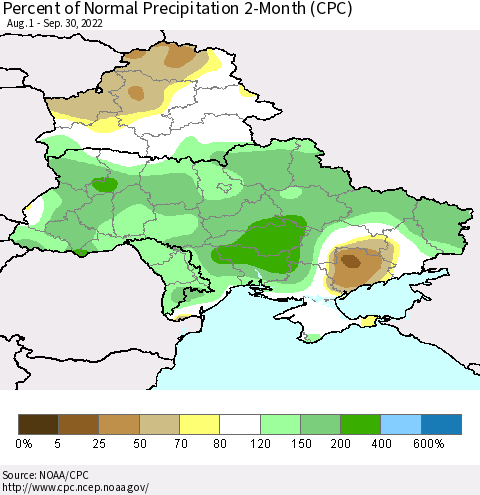 Ukraine, Moldova and Belarus Percent of Normal Precipitation 2-Month (CPC) Thematic Map For 8/1/2022 - 9/30/2022