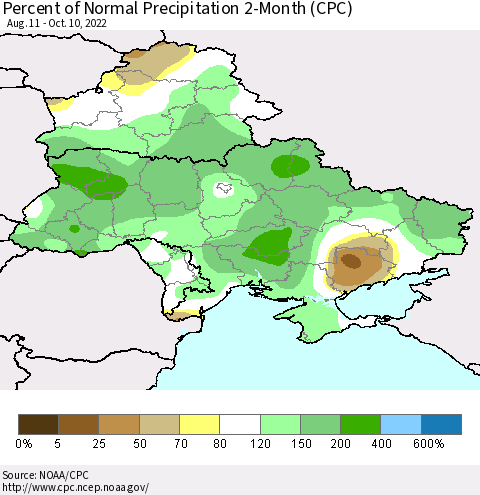 Ukraine, Moldova and Belarus Percent of Normal Precipitation 2-Month (CPC) Thematic Map For 8/11/2022 - 10/10/2022