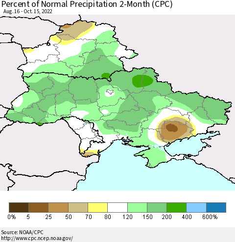 Ukraine, Moldova and Belarus Percent of Normal Precipitation 2-Month (CPC) Thematic Map For 8/16/2022 - 10/15/2022