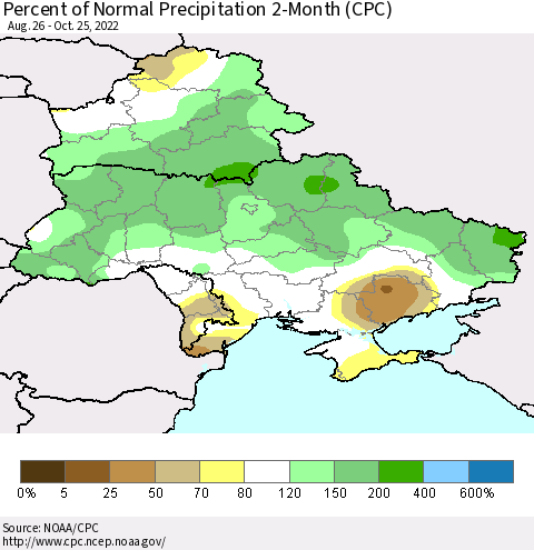 Ukraine, Moldova and Belarus Percent of Normal Precipitation 2-Month (CPC) Thematic Map For 8/26/2022 - 10/25/2022