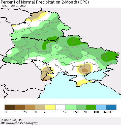 Ukraine, Moldova and Belarus Percent of Normal Precipitation 2-Month (CPC) Thematic Map For 9/1/2022 - 10/31/2022