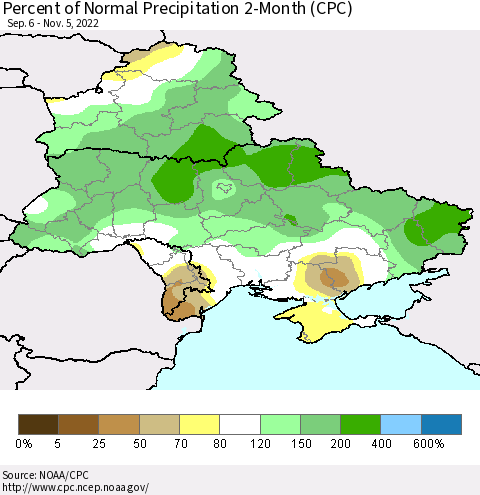 Ukraine, Moldova and Belarus Percent of Normal Precipitation 2-Month (CPC) Thematic Map For 9/6/2022 - 11/5/2022