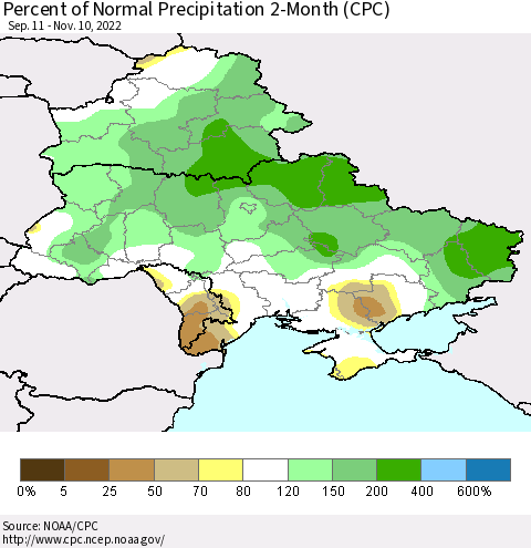 Ukraine, Moldova and Belarus Percent of Normal Precipitation 2-Month (CPC) Thematic Map For 9/11/2022 - 11/10/2022