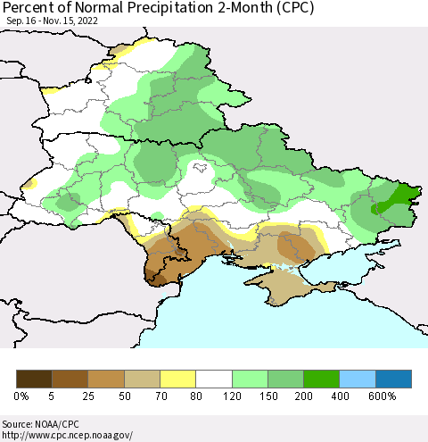 Ukraine, Moldova and Belarus Percent of Normal Precipitation 2-Month (CPC) Thematic Map For 9/16/2022 - 11/15/2022