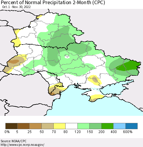 Ukraine, Moldova and Belarus Percent of Normal Precipitation 2-Month (CPC) Thematic Map For 10/1/2022 - 11/30/2022