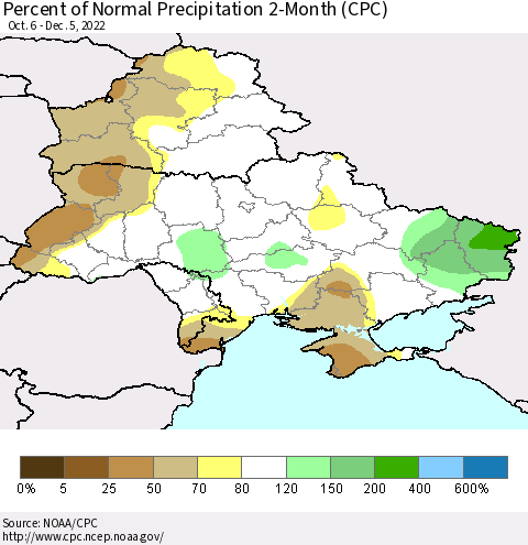 Ukraine, Moldova and Belarus Percent of Normal Precipitation 2-Month (CPC) Thematic Map For 10/6/2022 - 12/5/2022