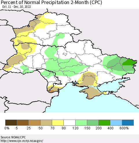 Ukraine, Moldova and Belarus Percent of Normal Precipitation 2-Month (CPC) Thematic Map For 10/11/2022 - 12/10/2022