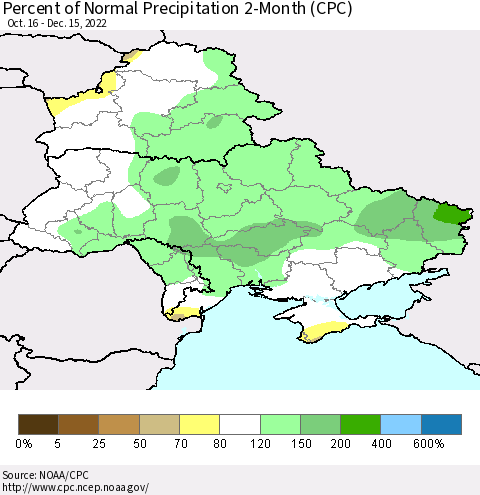 Ukraine, Moldova and Belarus Percent of Normal Precipitation 2-Month (CPC) Thematic Map For 10/16/2022 - 12/15/2022