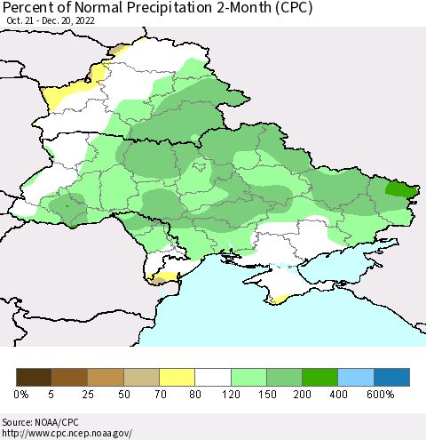 Ukraine, Moldova and Belarus Percent of Normal Precipitation 2-Month (CPC) Thematic Map For 10/21/2022 - 12/20/2022