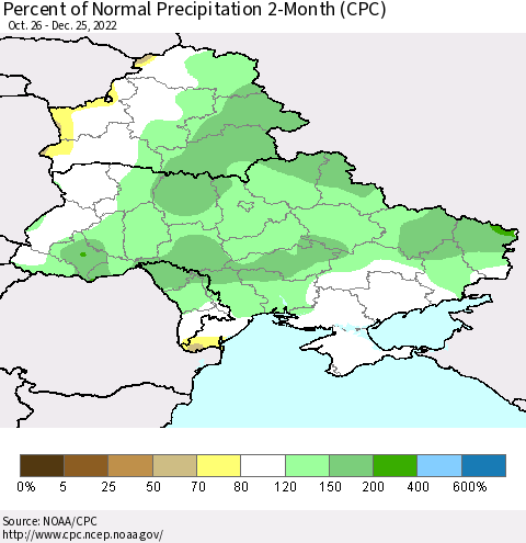 Ukraine, Moldova and Belarus Percent of Normal Precipitation 2-Month (CPC) Thematic Map For 10/26/2022 - 12/25/2022