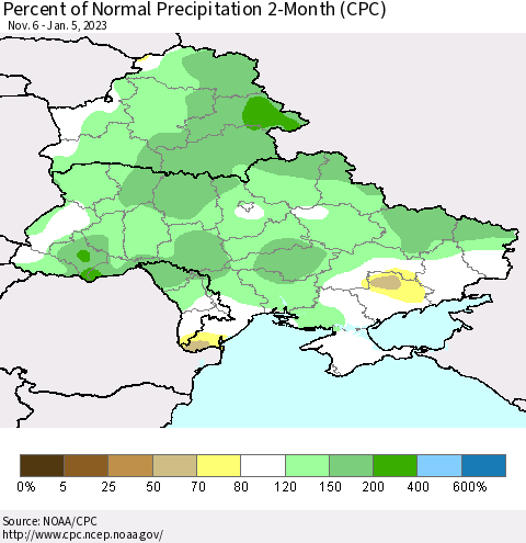 Ukraine, Moldova and Belarus Percent of Normal Precipitation 2-Month (CPC) Thematic Map For 11/6/2022 - 1/5/2023