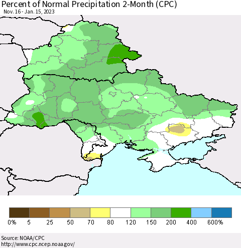 Ukraine, Moldova and Belarus Percent of Normal Precipitation 2-Month (CPC) Thematic Map For 11/16/2022 - 1/15/2023