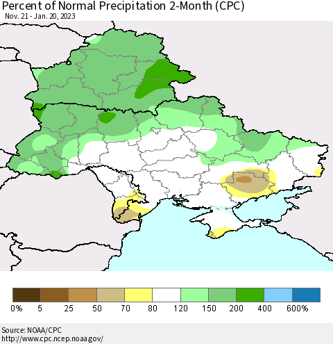 Ukraine, Moldova and Belarus Percent of Normal Precipitation 2-Month (CPC) Thematic Map For 11/21/2022 - 1/20/2023