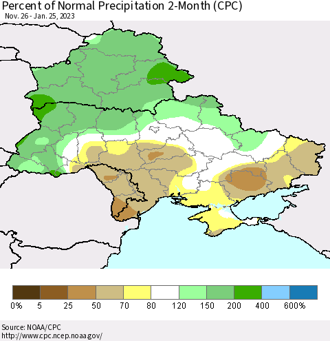 Ukraine, Moldova and Belarus Percent of Normal Precipitation 2-Month (CPC) Thematic Map For 11/26/2022 - 1/25/2023