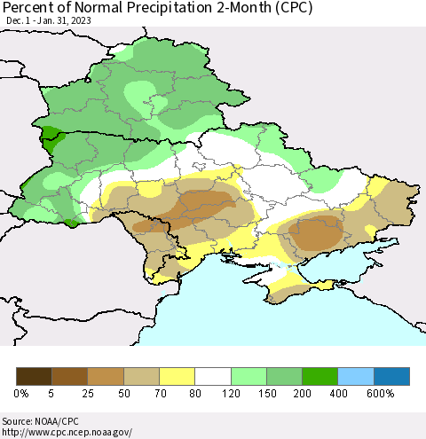 Ukraine, Moldova and Belarus Percent of Normal Precipitation 2-Month (CPC) Thematic Map For 12/1/2022 - 1/31/2023