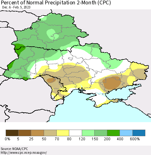 Ukraine, Moldova and Belarus Percent of Normal Precipitation 2-Month (CPC) Thematic Map For 12/6/2022 - 2/5/2023