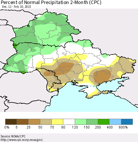 Ukraine, Moldova and Belarus Percent of Normal Precipitation 2-Month (CPC) Thematic Map For 12/11/2022 - 2/10/2023