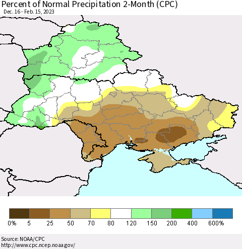 Ukraine, Moldova and Belarus Percent of Normal Precipitation 2-Month (CPC) Thematic Map For 12/16/2022 - 2/15/2023