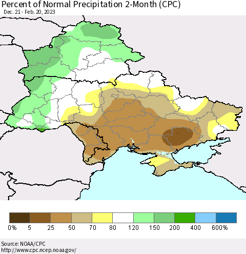 Ukraine, Moldova and Belarus Percent of Normal Precipitation 2-Month (CPC) Thematic Map For 12/21/2022 - 2/20/2023