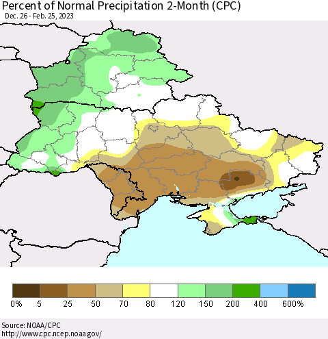 Ukraine, Moldova and Belarus Percent of Normal Precipitation 2-Month (CPC) Thematic Map For 12/26/2022 - 2/25/2023