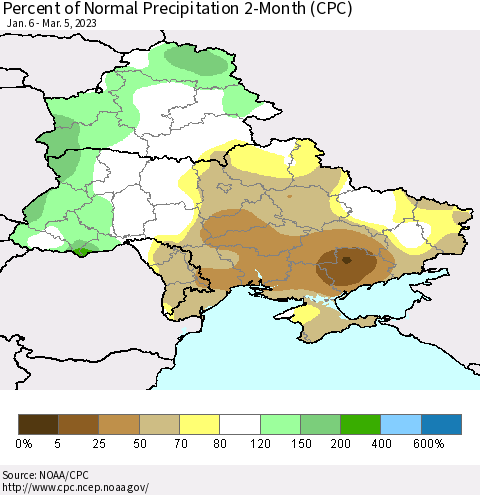 Ukraine, Moldova and Belarus Percent of Normal Precipitation 2-Month (CPC) Thematic Map For 1/6/2023 - 3/5/2023