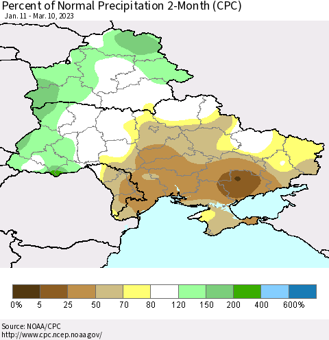 Ukraine, Moldova and Belarus Percent of Normal Precipitation 2-Month (CPC) Thematic Map For 1/11/2023 - 3/10/2023
