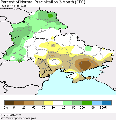 Ukraine, Moldova and Belarus Percent of Normal Precipitation 2-Month (CPC) Thematic Map For 1/16/2023 - 3/15/2023