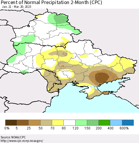 Ukraine, Moldova and Belarus Percent of Normal Precipitation 2-Month (CPC) Thematic Map For 1/21/2023 - 3/20/2023
