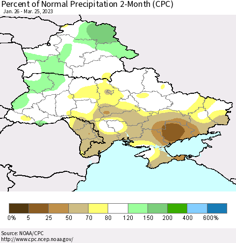Ukraine, Moldova and Belarus Percent of Normal Precipitation 2-Month (CPC) Thematic Map For 1/26/2023 - 3/25/2023