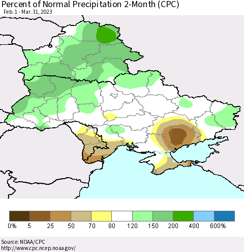 Ukraine, Moldova and Belarus Percent of Normal Precipitation 2-Month (CPC) Thematic Map For 2/1/2023 - 3/31/2023