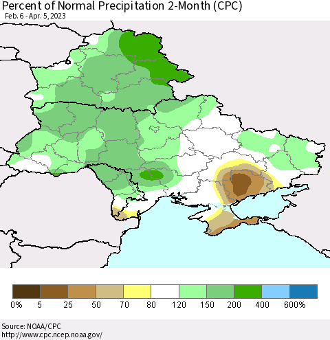 Ukraine, Moldova and Belarus Percent of Normal Precipitation 2-Month (CPC) Thematic Map For 2/6/2023 - 4/5/2023