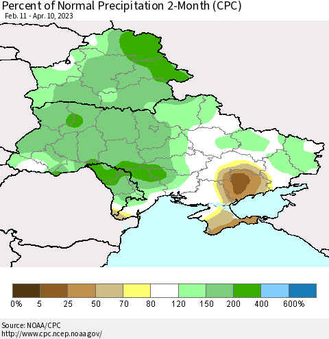 Ukraine, Moldova and Belarus Percent of Normal Precipitation 2-Month (CPC) Thematic Map For 2/11/2023 - 4/10/2023