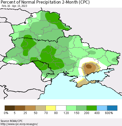 Ukraine, Moldova and Belarus Percent of Normal Precipitation 2-Month (CPC) Thematic Map For 2/16/2023 - 4/15/2023