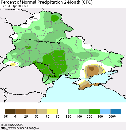 Ukraine, Moldova and Belarus Percent of Normal Precipitation 2-Month (CPC) Thematic Map For 2/21/2023 - 4/20/2023