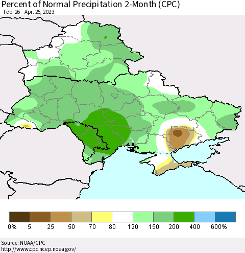 Ukraine, Moldova and Belarus Percent of Normal Precipitation 2-Month (CPC) Thematic Map For 2/26/2023 - 4/25/2023