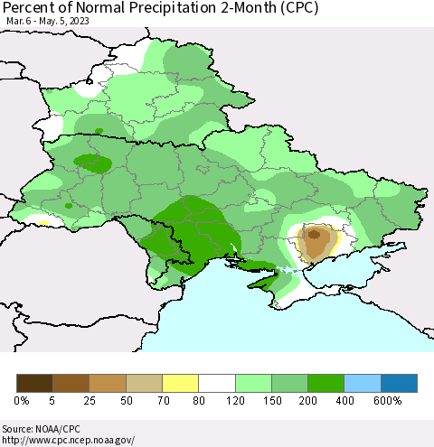 Ukraine, Moldova and Belarus Percent of Normal Precipitation 2-Month (CPC) Thematic Map For 3/6/2023 - 5/5/2023