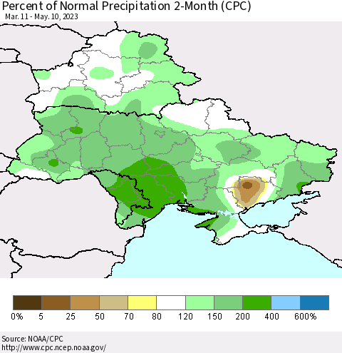 Ukraine, Moldova and Belarus Percent of Normal Precipitation 2-Month (CPC) Thematic Map For 3/11/2023 - 5/10/2023