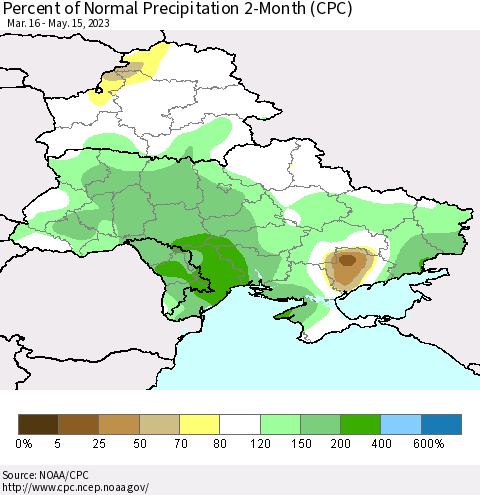 Ukraine, Moldova and Belarus Percent of Normal Precipitation 2-Month (CPC) Thematic Map For 3/16/2023 - 5/15/2023
