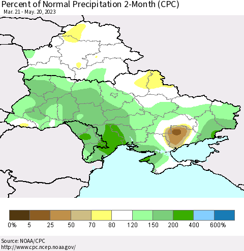 Ukraine, Moldova and Belarus Percent of Normal Precipitation 2-Month (CPC) Thematic Map For 3/21/2023 - 5/20/2023