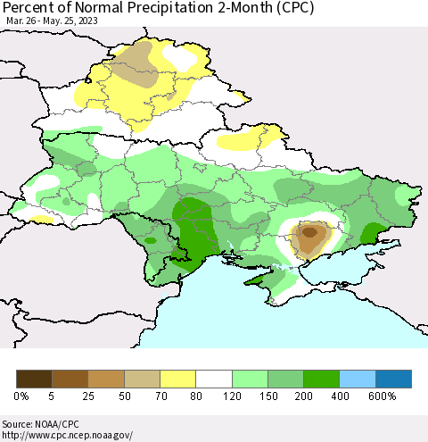 Ukraine, Moldova and Belarus Percent of Normal Precipitation 2-Month (CPC) Thematic Map For 3/26/2023 - 5/25/2023