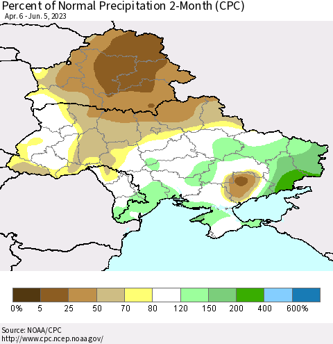 Ukraine, Moldova and Belarus Percent of Normal Precipitation 2-Month (CPC) Thematic Map For 4/6/2023 - 6/5/2023