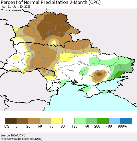 Ukraine, Moldova and Belarus Percent of Normal Precipitation 2-Month (CPC) Thematic Map For 4/11/2023 - 6/10/2023
