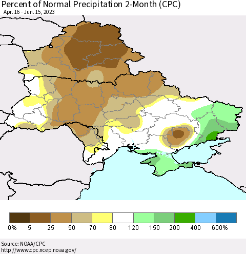 Ukraine, Moldova and Belarus Percent of Normal Precipitation 2-Month (CPC) Thematic Map For 4/16/2023 - 6/15/2023