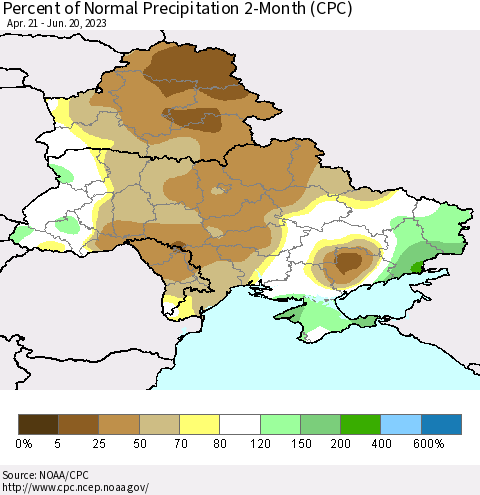 Ukraine, Moldova and Belarus Percent of Normal Precipitation 2-Month (CPC) Thematic Map For 4/21/2023 - 6/20/2023